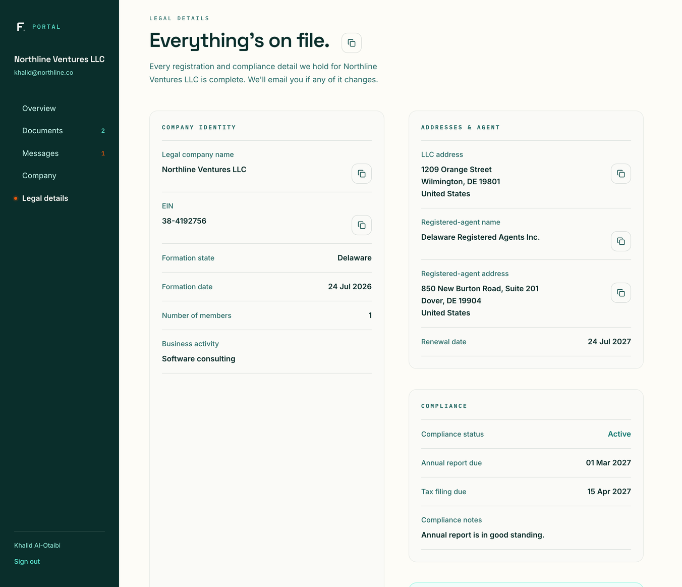 Foundlie portal legal details screen showing the EIN, registered agent, and compliance dates