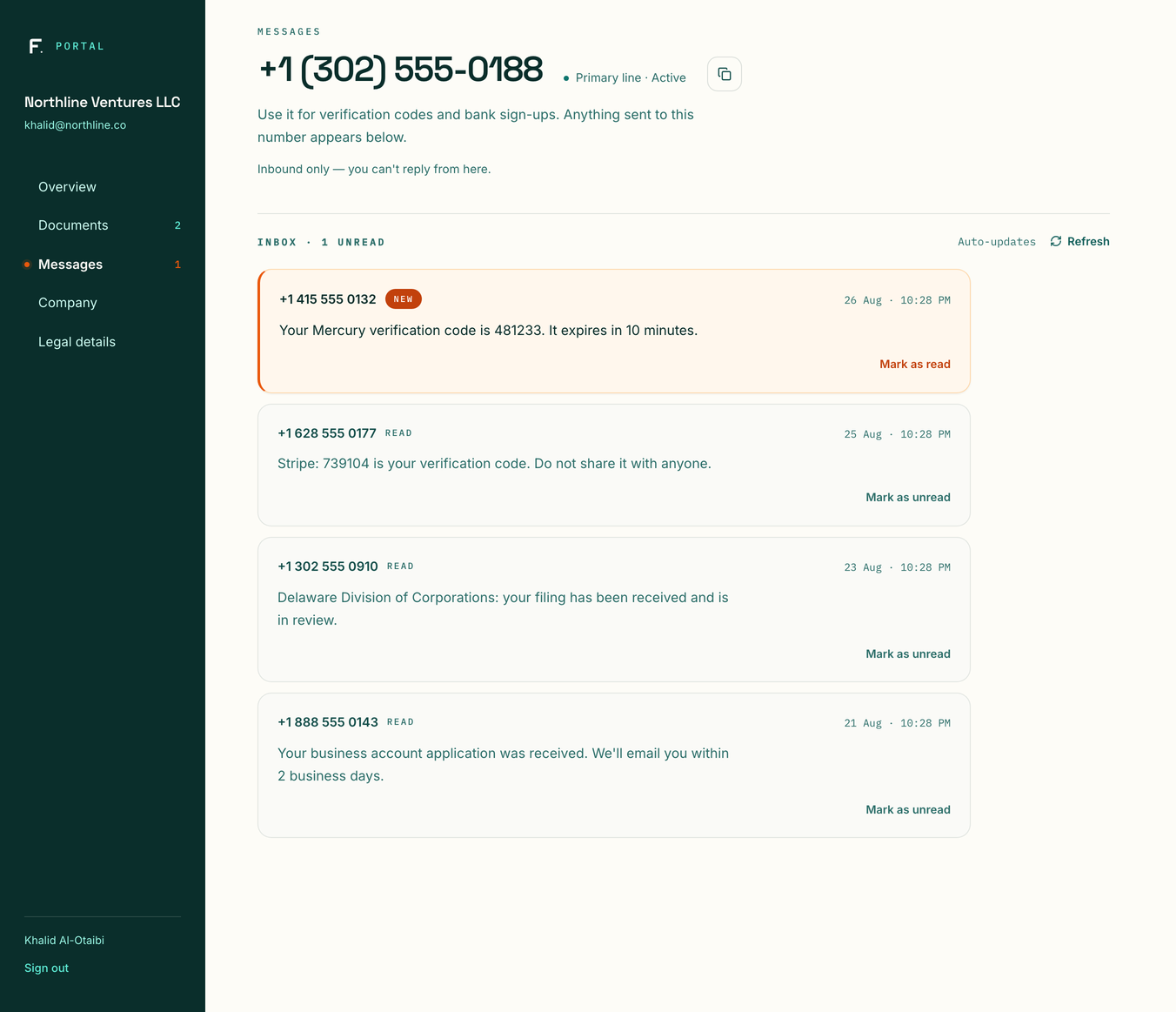 Foundlie portal messages screen showing the assigned US number and inbound verification codes