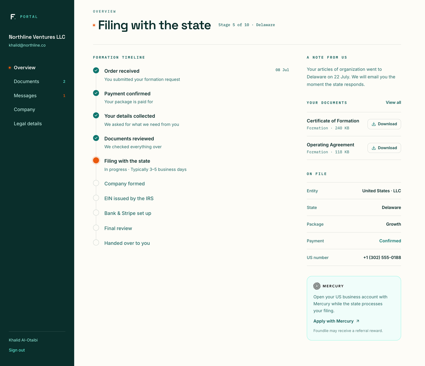 Foundlie portal preview showing the company formation timeline, documents, and account details
