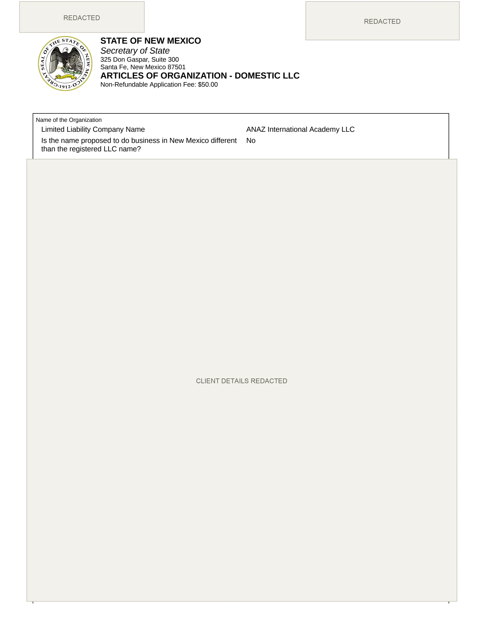 Redacted Articles of Organization for ANAZ International Academy LLC, filed in New Mexico
