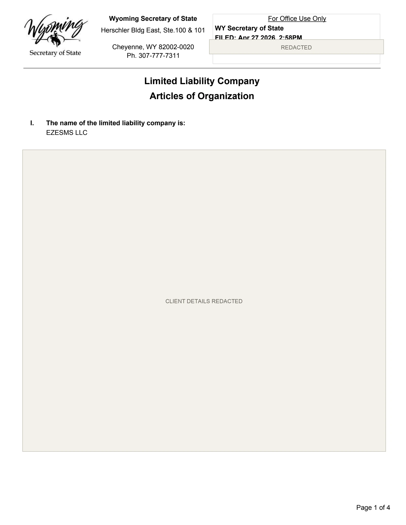 Redacted Articles of Organization for EZESMS LLC, filed in Wyoming
