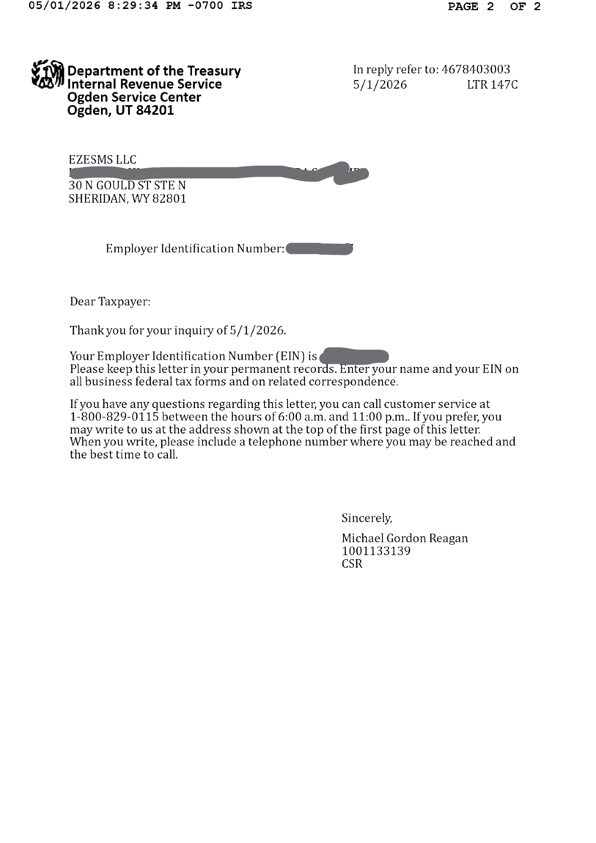 Redacted IRS LTR 147C confirming an EIN for a recently formed Wyoming LLC